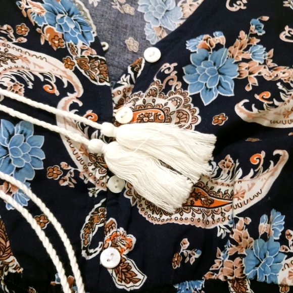 Blue Paisley Print BOHO Cottagecore Maxi Dress Tassle Tie - Picture 5 of 9